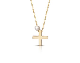 Super Tiny Squared Gold Cross Pendant with Freshwater Pearl