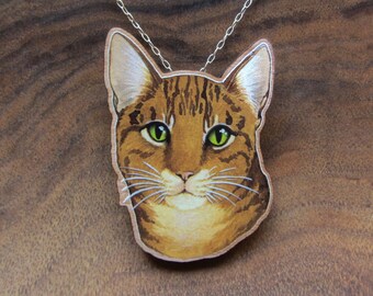 Watercolor green eyed red tabby cat portrait printed on wood choice of jewelry brooch or pendant