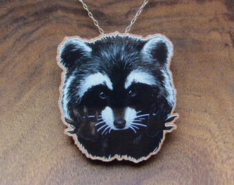 Watercolor raccoon portrait printed on wood choice of jewelry brooch or pendant