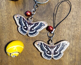 Keychain, Charm or Strap of a Columbia silk moth watercolor printed on wood