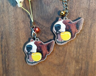 Keychain, Charm or Strap of a Red and White Bull Terrier Dog with its tennis ball watercolor portrait printed on wood