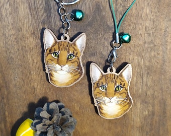 Keychain, Charm or Strap of a Red Tabby Cat watercolor portrait printed on wood