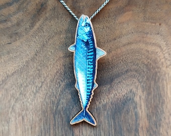 Watercolor Mackerel Fish printed on wood choice of jewelry brooch or pendant