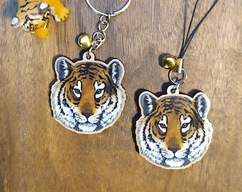 Keychain, Charm or Strap of a Tiger watercolor portrait printed on wood