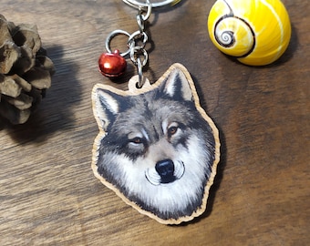 Keychain, Charm or Strap of a Grey European Wolf watercolor portrait printed on wood