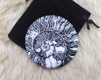 Crystallized Ammonite dotwork ink drawing Illustration on Pocket mirror with its free pouch