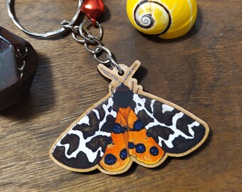 Keychain, Charm or Strap of a Garden Tiger moth printed on wood
