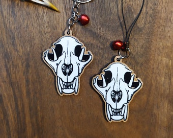 Keychain, Charm or Strap of a Clouded Leopard Skull drawing printed on wood