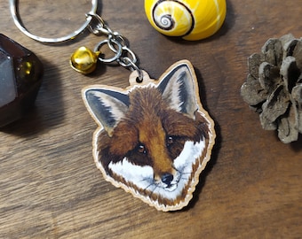 Keychain, Charm or Strap of a Fox watercolor portrait printed on wood