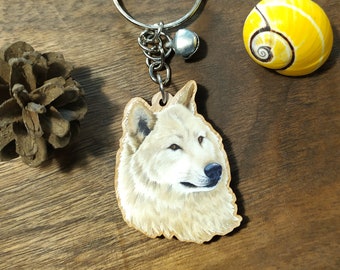 Keychain, Charm or Strap of a an Arctic Wolf watercolor portrait printed on wood