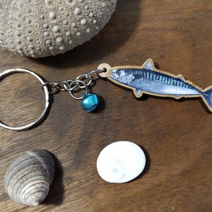 Keychain, Charm or Strap of a Mackerel fish printed on wood