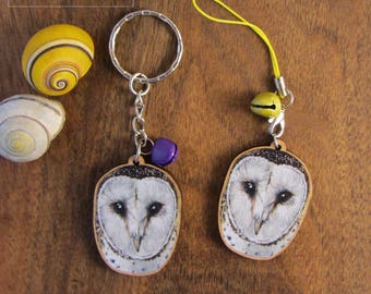 Keychain, Charm or Strap of a Barn Owl watercolor portrait printed on wood