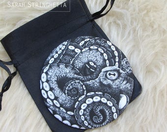 Octopus dotwork ink drawing Illustration on Pocket mirror with its free pouch