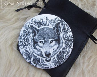 Wolf head and chrysanthemums design on pocket mirror with its free pouch