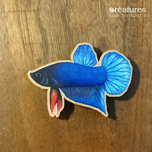 Magnet ou aimant en bois illustré d'un poisson combattant ou Betta splendens  de variété Plakat et de couleur bleue à l'aquarelle