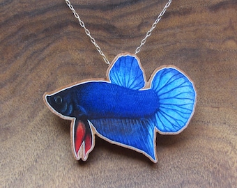 Watercolor Betta splendens or Siamese Fighting Fish printed on wood choice of jewelry brooch or pendant