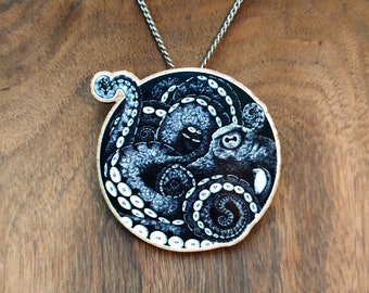 Octopus and tentacles ink drawing printed on wood choice of jewelry brooch or pendant