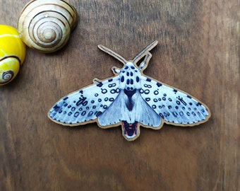 Magnet of a Giant Leopard Moth or Hypercompe scribonia printed on wood