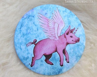 Winged Unicorn Piglet illustration on pocket mirror with its free pouch