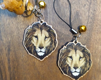 Keychain, Charm or Strap of a Lion watercolor portrait printed on wood
