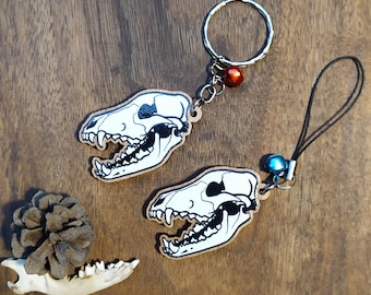 Keychain, Charm or Strap of a Grey Wolf Skull drawing printed on wood