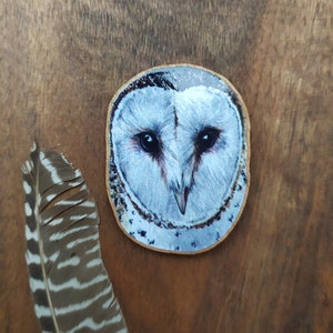 Könnte beinhalten: Eine Nahaufnahme einer bemalten Holz-Eule mit einem weißen und blauen Gesicht. Die Augen der Eule sind schwarz und der Hintergrund ist hellbraunes Holz.
