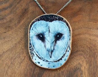 Watercolor portrait of a Barn Owl printed on wood choice of jewelry brooch or pendant
