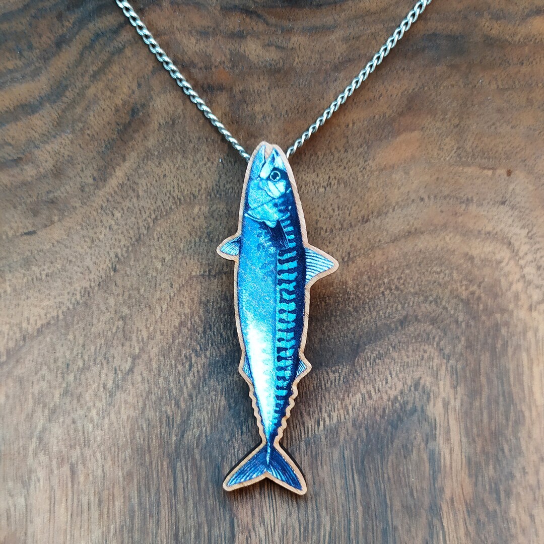 Watercolor Mackerel Fish Printed on Wood Choice of Jewelry Brooch or ...