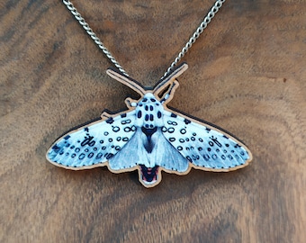 Watercolor Giant Leopard Moth printed on wood choice of jewelry brooch or pendant
