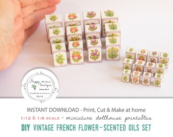 DIY miniatuur poppenhuis vintage Franse bloemgeurende oliën set - poppenhuis miniatuur afdrukbaar - digitale PDF-bestanden - direct downloaden