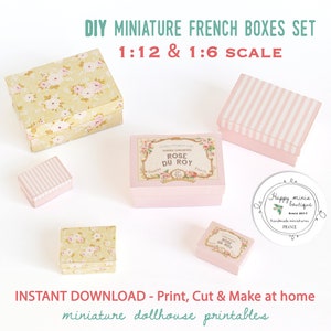 Boîtes françaises vintage pour maison de poupée miniature DIY - Fichiers numériques PDF - Miniature de maison de poupée imprimable - Téléchargement immédiat