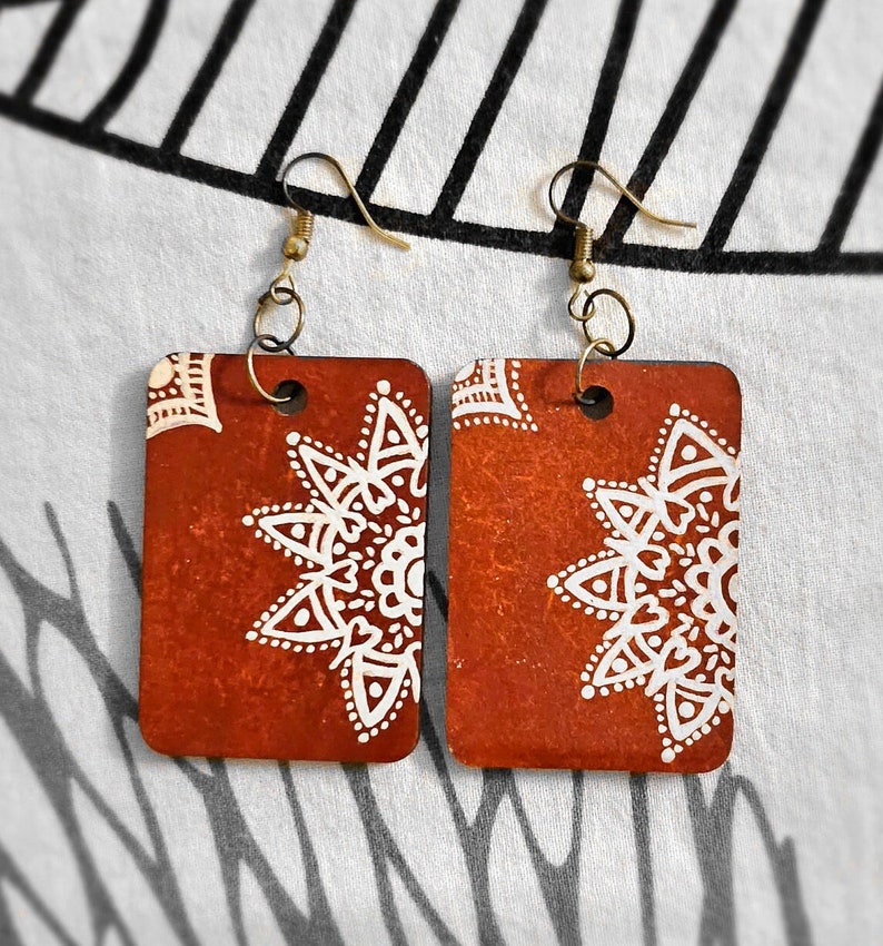 Boho Wooden Statement Earrings, Gift for Her, Mandala Earrings, Unique Wood Earrings, Handmade Jewellery, Dangle Drop Jewelery, Ethnic Look image 1