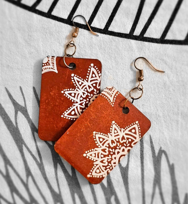 Boho Wooden Statement Earrings, Gift for Her, Mandala Earrings, Unique Wood Earrings, Handmade Jewellery, Dangle Drop Jewelery, Ethnic Look image 3