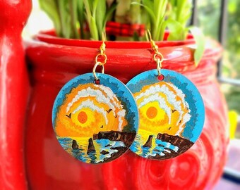 Sunset Earrings,Boho Beach Ethnic Earrings, Dangle Drops, Wood Jewelery, Unique Gift for Her, Handmade Cute Designer, Colorful Jewellery