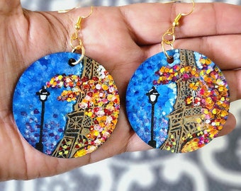 Eiffel Earrings,Boho Ethnic Earrings, Dangle Drops, Wood Jewelery, Unique Gift for Her, Handmade Floral Earrings, Colorful Floral Jewellery