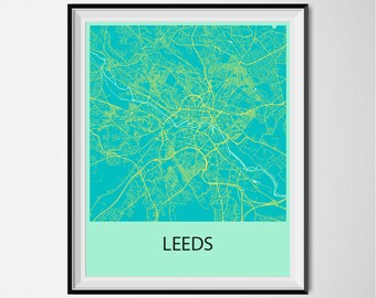 Leeds Map Poster Print - Blue and Yellow