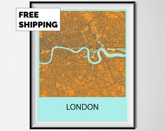 London Map Poster Print - Orange and Blue