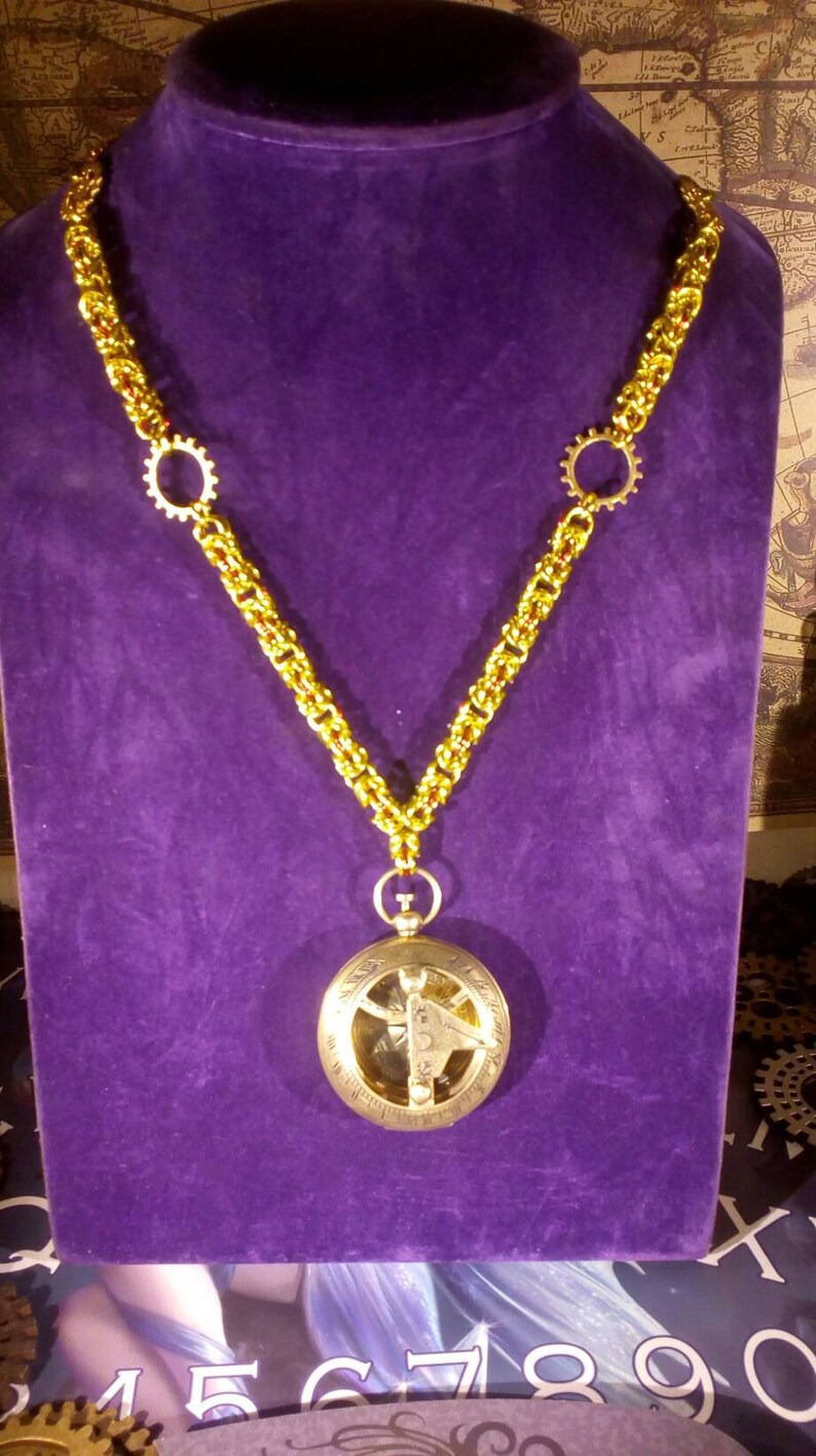 Steampunk Chainmaille Necklace with Sundial Compass Pendant