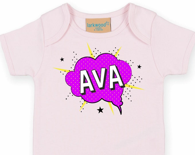 Personalised pink superhero babygrow/bodysuit grey/pink/blue/white/black