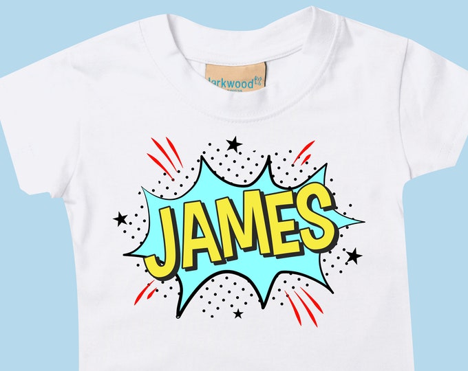 Personalised blue superhero name kids/baby tshirt grey/pink/blue/white/black/yellow