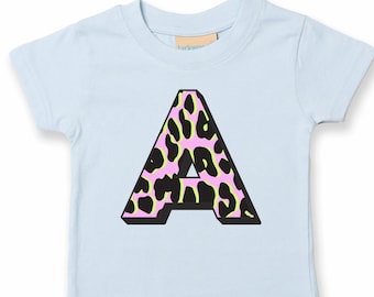 Personalised pink leopard print tshirt kids/baby tshirt grey/pink/blue/white/black/yellow