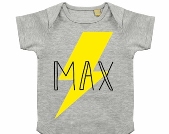 Personalised lighting bolt name print initial babygrow/bodysuit grey/pink/blue/white/black