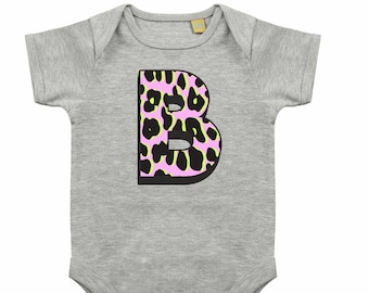 Personalised pink leopard print initial babygrow/bodysuit grey/pink/blue/white/black