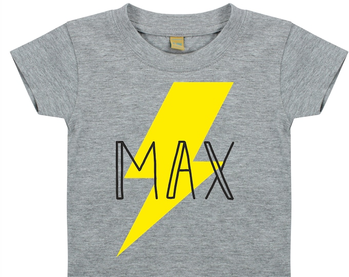 Personalised lightning bolt printed tshirt kids/baby tshirt grey/pink/blue/white/black/yellow
