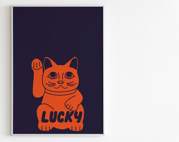 Lucky Cat wall art/print in navy and orange