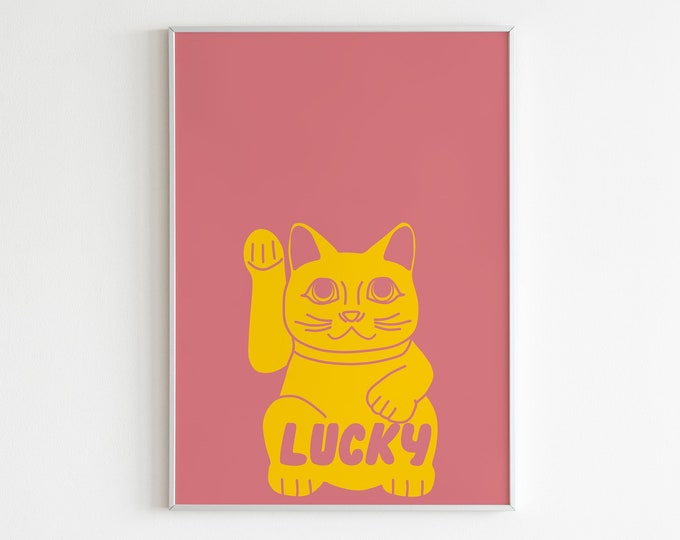 Lucky Cat wall art/print in pink and yellow