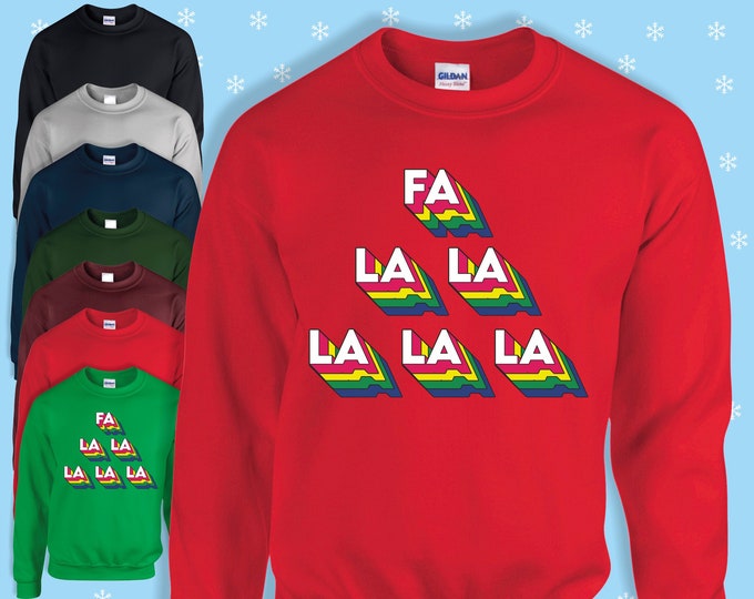FA LA LA disco Christmas jumper/sweatshirt red/navy/black/green/pink/grey/blue