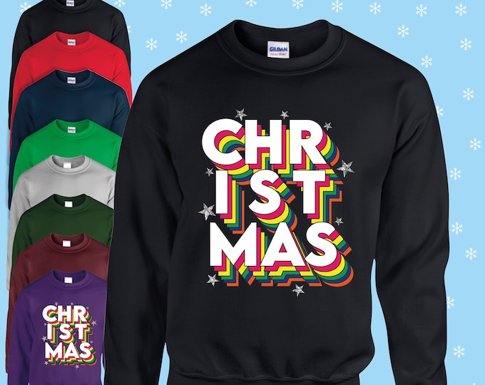 DISCO rainbow glitter Christmas jumper/sweatshirt red/navy/black/green/pink/grey/blue