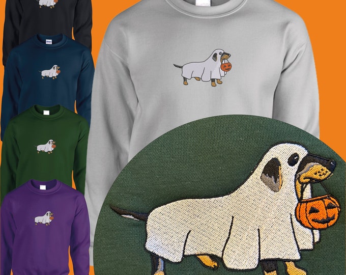 Halloween sausage dog ghost embroidered dachshund spooky season jumper adult child