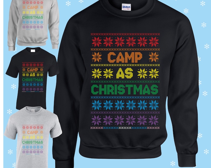 camp as christmas gay LGBTQIA+ rainbow christmas jumper t-shirt